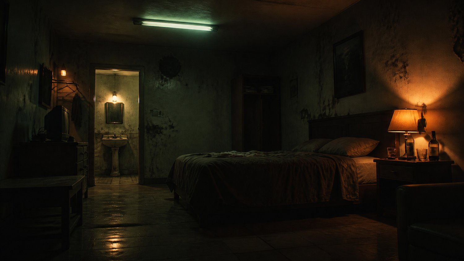 Adventure Motel — A cheap hourly motel: peeling paint, a buzzing tube-light, a sagging bed, a whisky bottle, no CCTV — chosen for exactly that. Where the ritual unfolds.