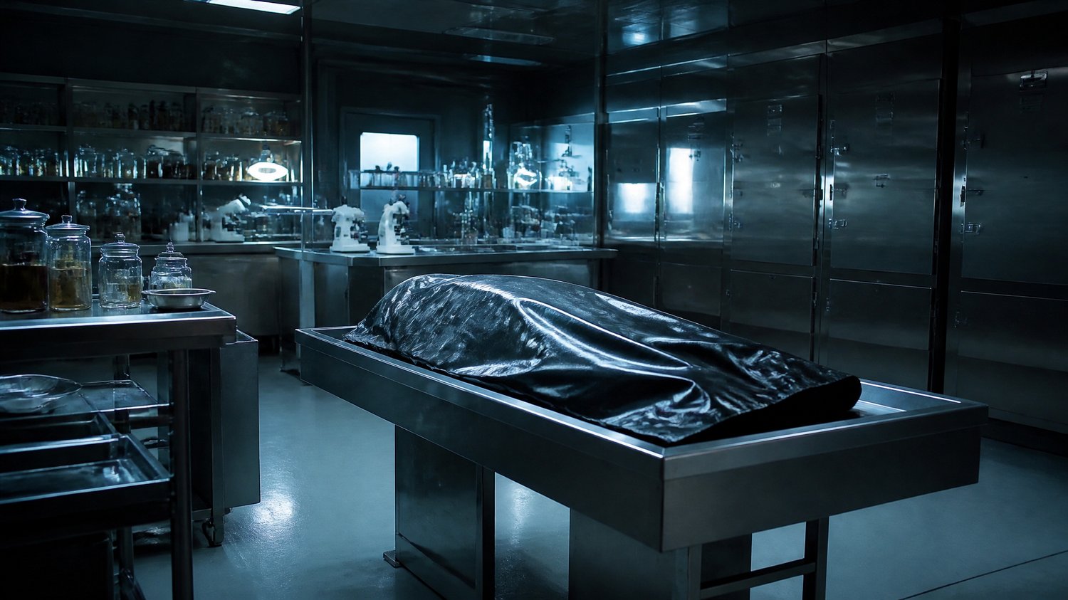 The Forensic Lab — Steel tables, body bags, the giant glass jars as evidence, microscopes, the blue-white hum. Where Neha reads the dead — including her own kills.