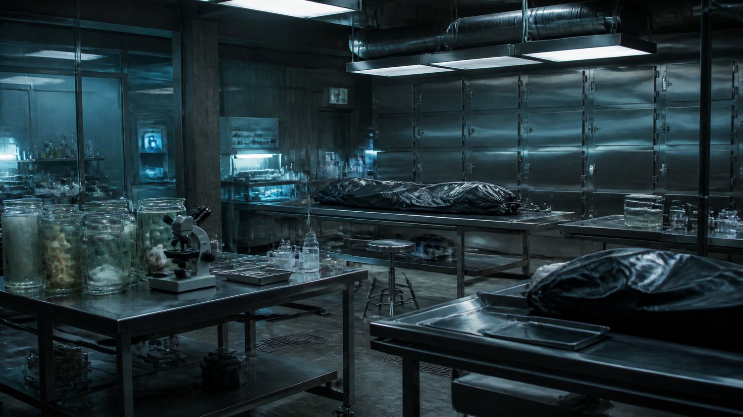 The Forensic Lab — Steel tables, body bags, the giant glass jars as evidence, microscopes, the blue-white hum. Where Neha reads the dead — including her own kills.