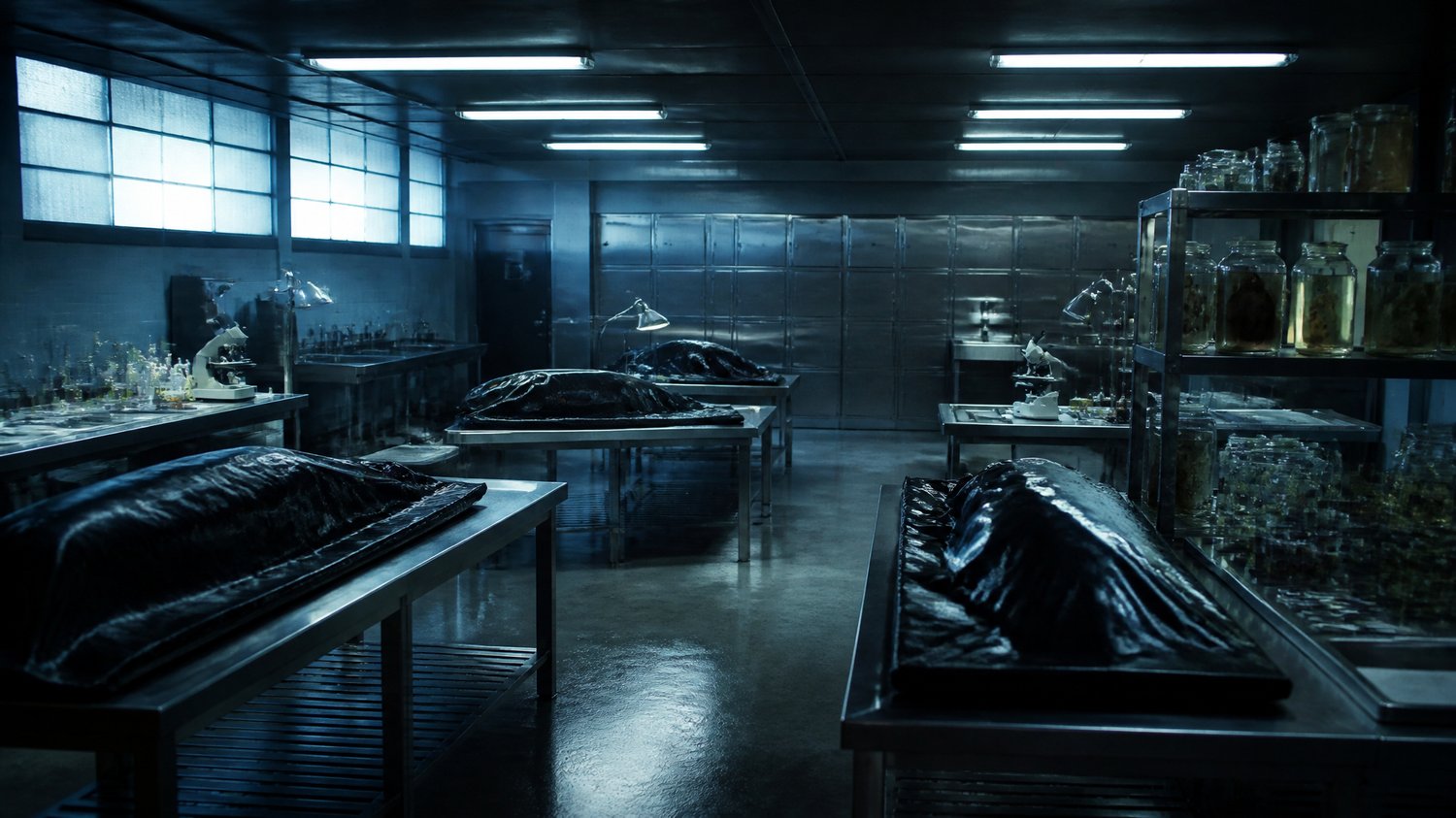 The Forensic Lab — Steel tables, body bags, the giant glass jars as evidence, microscopes, the blue-white hum. Where Neha reads the dead — including her own kills.