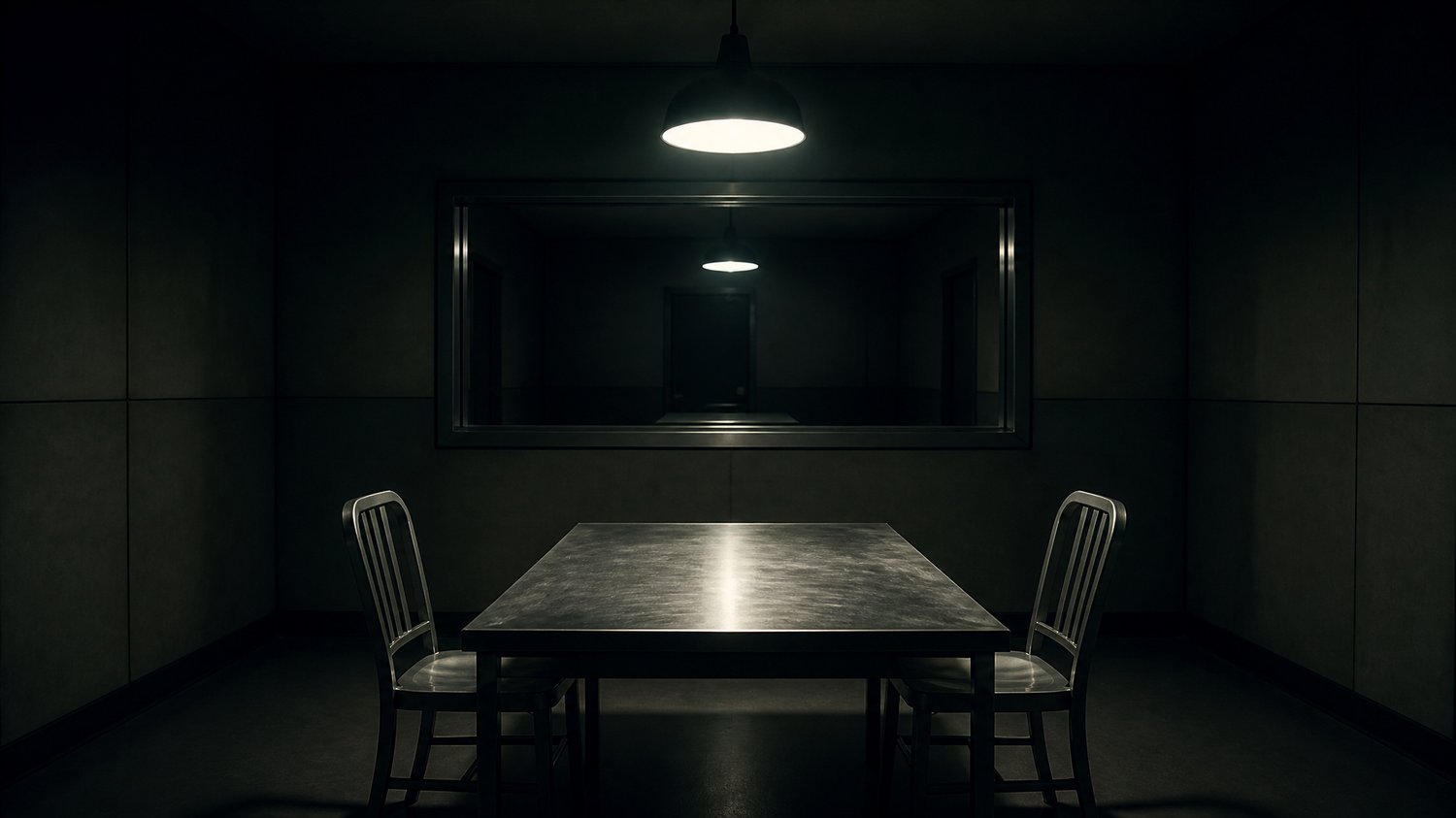 Interrogation — Hard light and a steel table — where alibis crack and suspects dissolve, one after another, into dead ends.