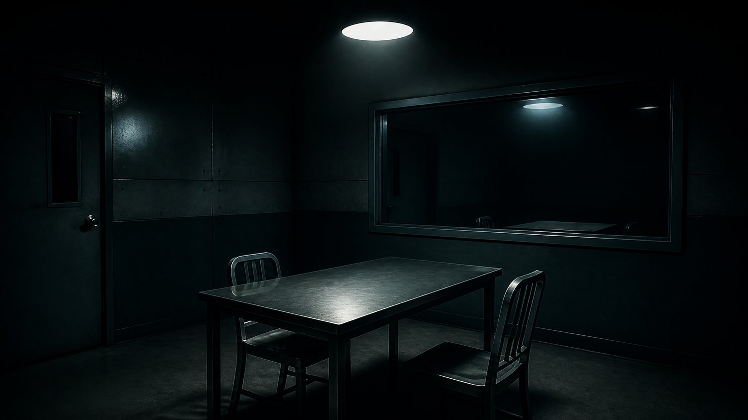 Interrogation — Hard light and a steel table — where alibis crack and suspects dissolve, one after another, into dead ends.