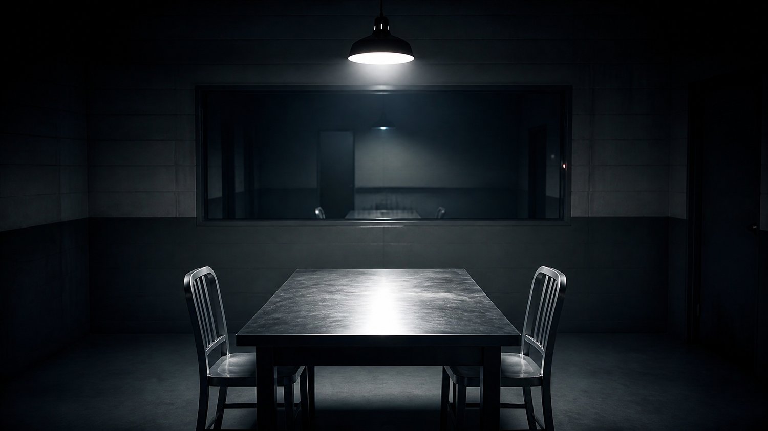Interrogation — Hard light and a steel table — where alibis crack and suspects dissolve, one after another, into dead ends.