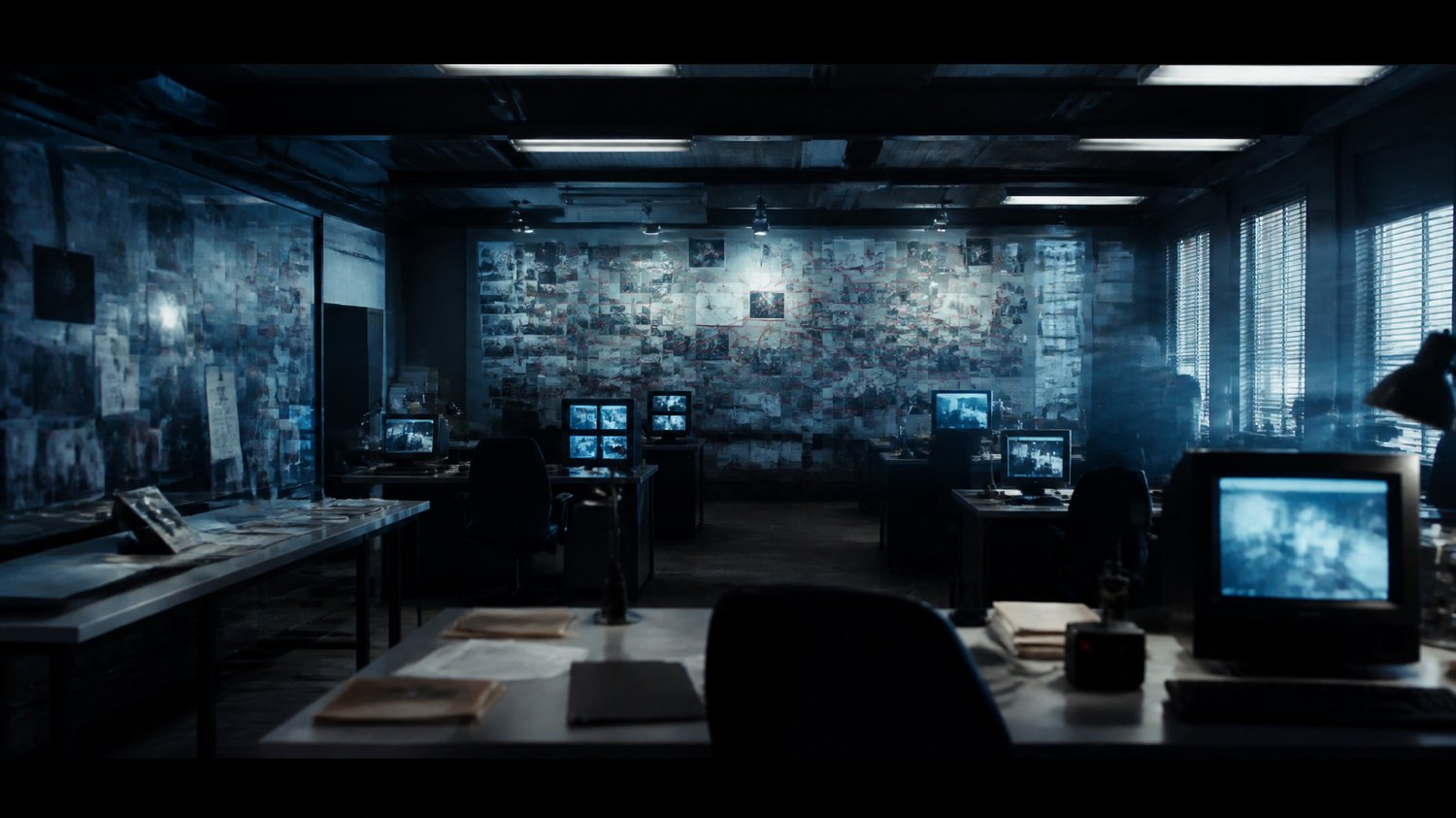 CBI Special Unit — A repurposed open-plan war-room: glass evidence boards, a giant VICTIM / MOVEMENT WALL of photos, red string and maps, banks of CRT and flat monitors at Agyeya’s station, steel desks, fluorescent wash. The nerve centre of the hunt.