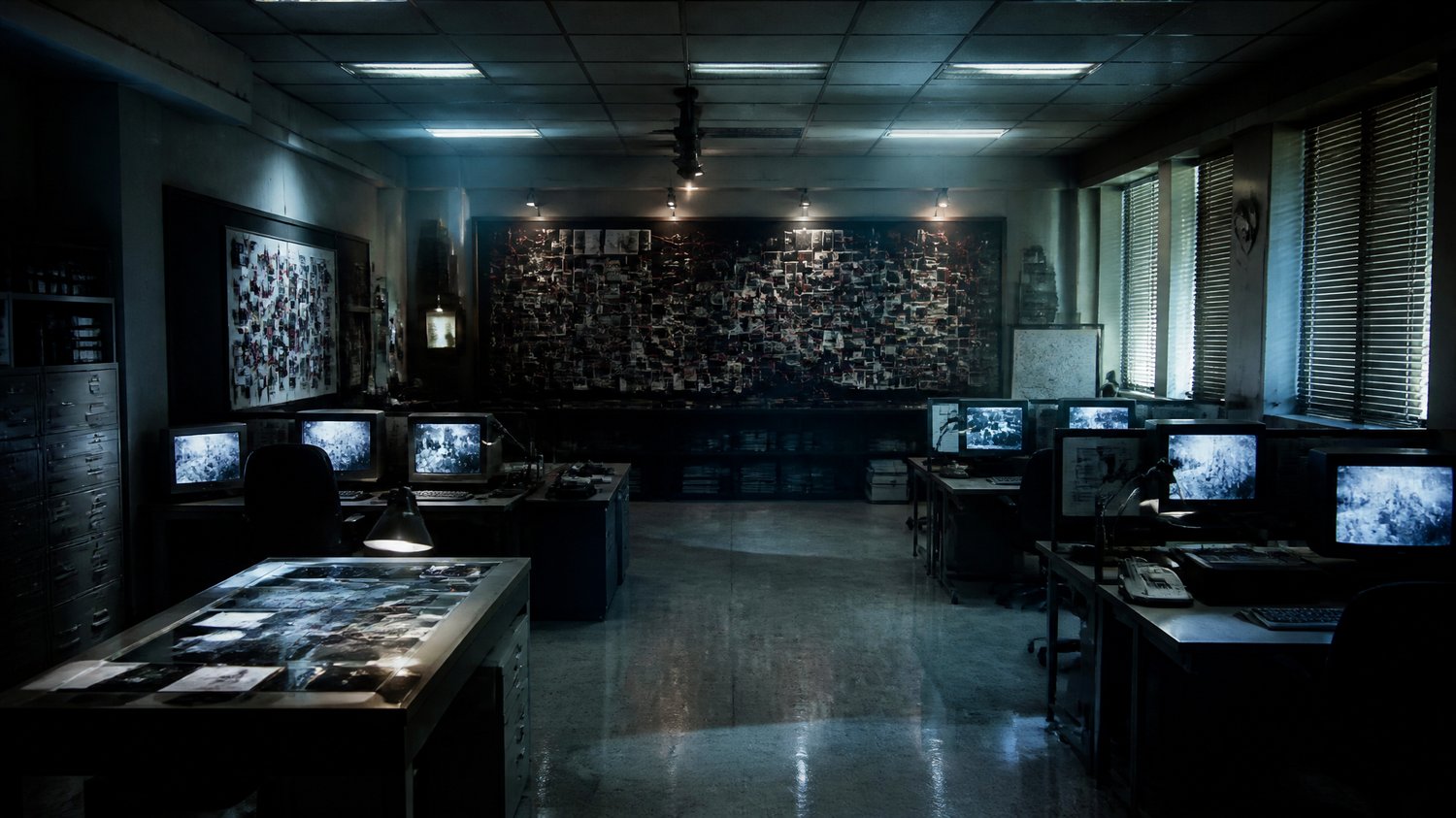 CBI Special Unit — A repurposed open-plan war-room: glass evidence boards, a giant VICTIM / MOVEMENT WALL of photos, red string and maps, banks of CRT and flat monitors at Agyeya’s station, steel desks, fluorescent wash. The nerve centre of the hunt.