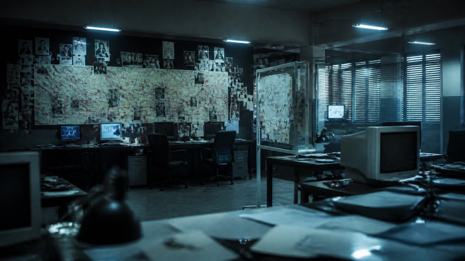 CBI Special Unit — A repurposed open-plan war-room: glass evidence boards, a giant VICTIM / MOVEMENT WALL of photos, red string and maps, banks of CRT and flat monitors at Agyeya’s station, steel desks, fluorescent wash. The nerve centre of the hunt.