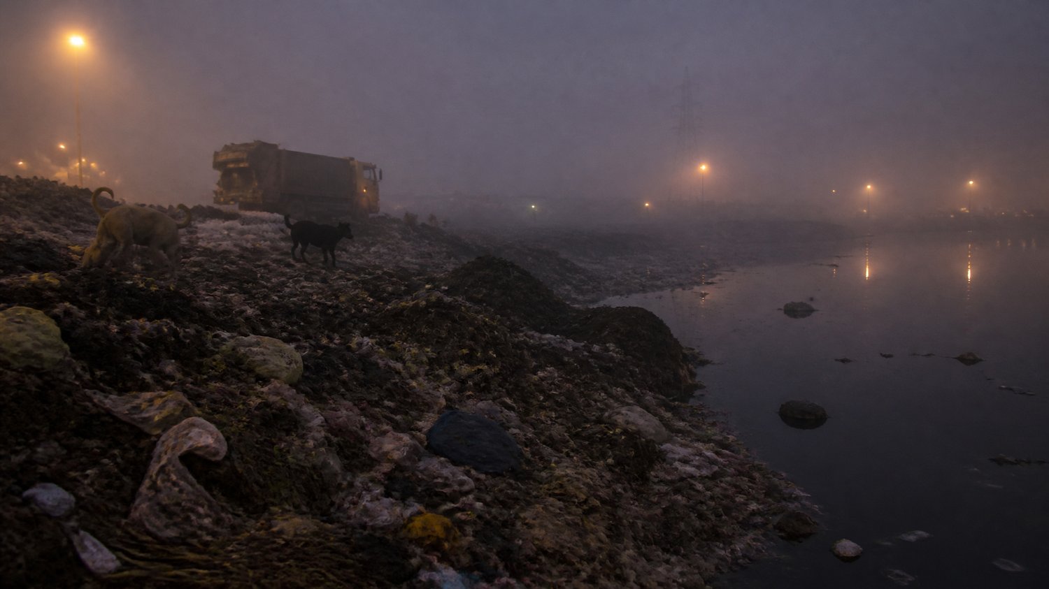 The Garbage Lanes — Narrow kachra lanes, municipal bins, pre-dawn sodium light, stray dogs and fog — where the pieces return to the refuse.