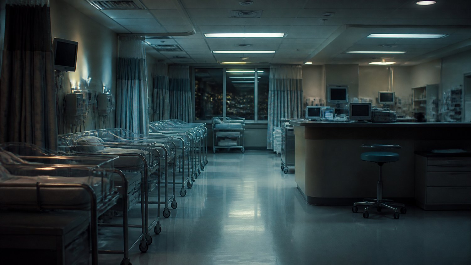 The Maternity Ward — Rows of bassinets under fluorescent light — the neo-natal killer’s territory, and the show’s most fragile space.