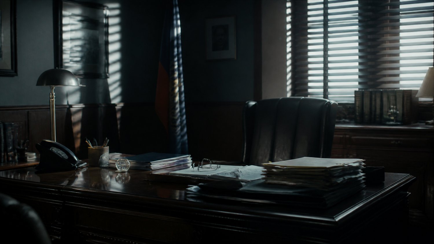 Mishra’s Office — A crisp, tired bureaucrat’s room carrying the weight of the PMO — the political ceiling above the case.