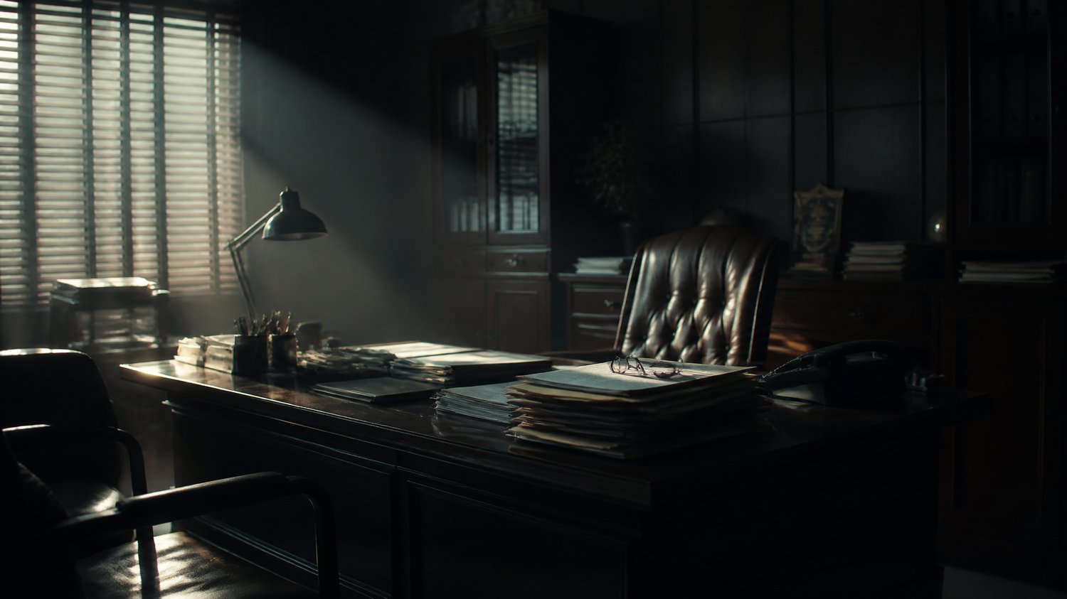 Mishra’s Office — A crisp, tired bureaucrat’s room carrying the weight of the PMO — the political ceiling above the case.