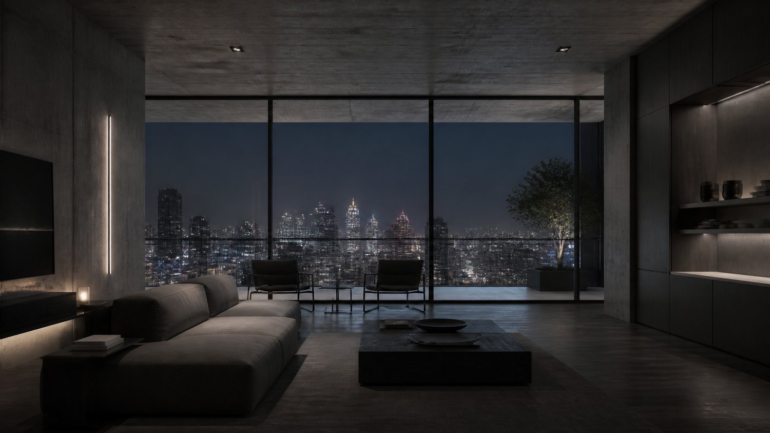 Neha’s Apartment — High-floor, minimalist, expensive, cold-beautiful: poured concrete and dark wood, a wall of glass over the city’s lights. One side hides a discreet, immaculate home forensic lab behind sliding panels. A surgeon’s mind made architecture.