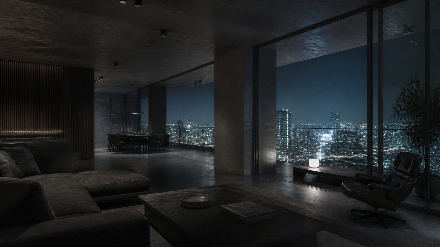 Neha’s Apartment — High-floor, minimalist, expensive, cold-beautiful: poured concrete and dark wood, a wall of glass over the city’s lights. One side hides a discreet, immaculate home forensic lab behind sliding panels. A surgeon’s mind made architecture.