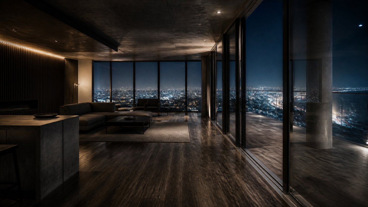 Neha’s Apartment — High-floor, minimalist, expensive, cold-beautiful: poured concrete and dark wood, a wall of glass over the city’s lights. One side hides a discreet, immaculate home forensic lab behind sliding panels. A surgeon’s mind made architecture.