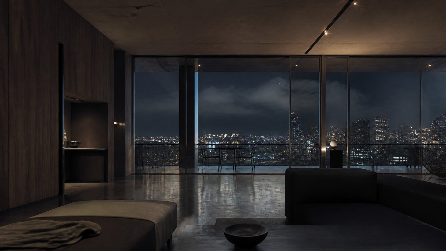 Neha’s Apartment — High-floor, minimalist, expensive, cold-beautiful: poured concrete and dark wood, a wall of glass over the city’s lights. One side hides a discreet, immaculate home forensic lab behind sliding panels. A surgeon’s mind made architecture.
