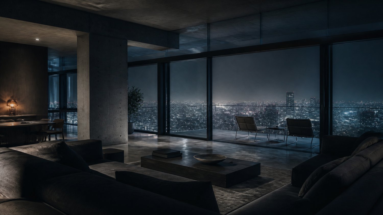 Neha’s Apartment — High-floor, minimalist, expensive, cold-beautiful: poured concrete and dark wood, a wall of glass over the city’s lights. One side hides a discreet, immaculate home forensic lab behind sliding panels. A surgeon’s mind made architecture.