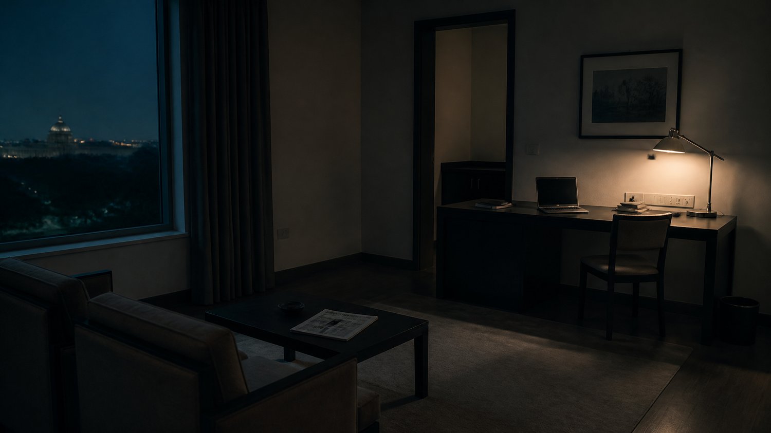 Neha’s Guest House — Her Delhi base when the case moves north — spare, controlled, a place to research prey and host the father who shares her secrets.