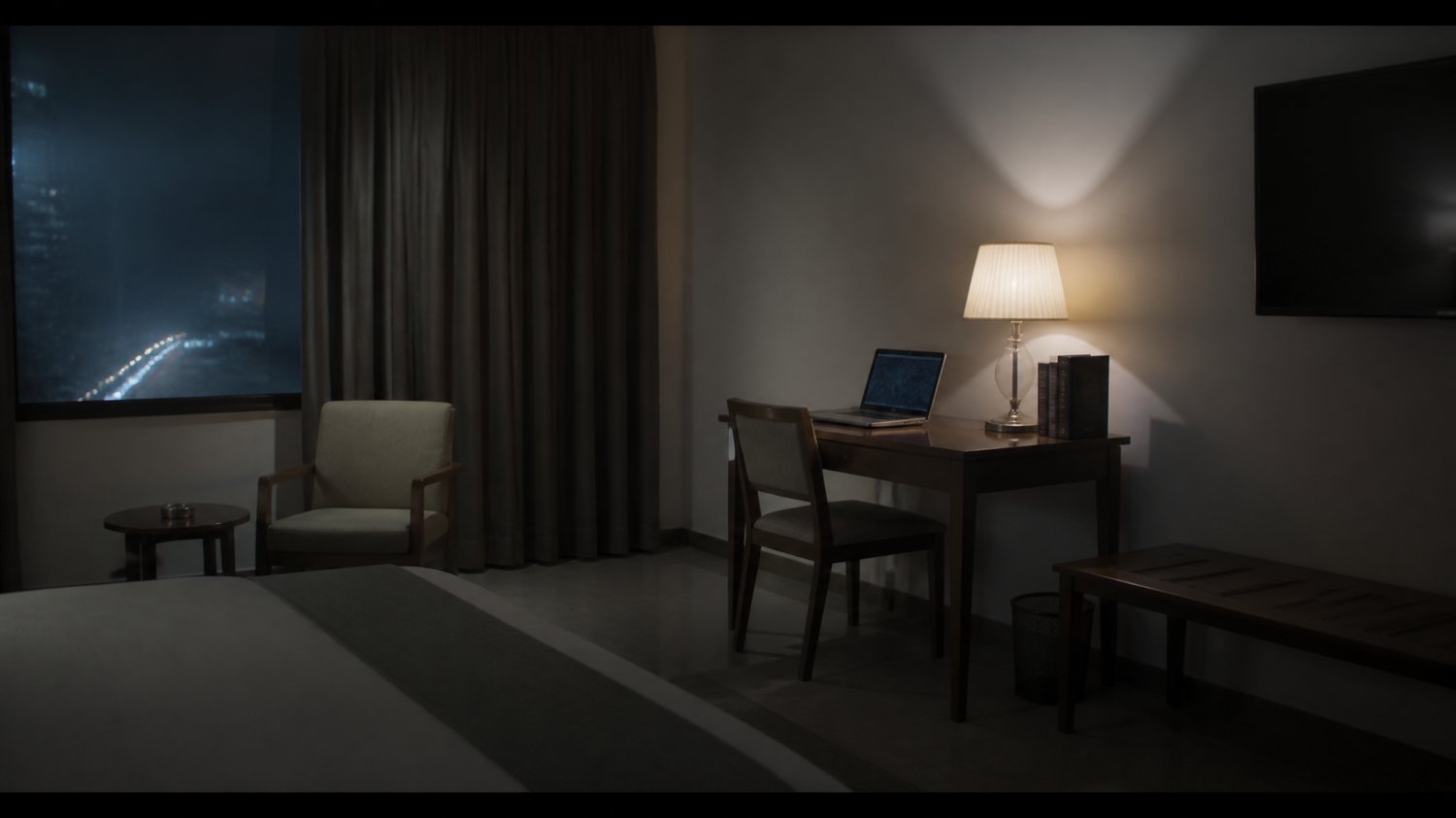 Neha’s Guest House — Her Delhi base when the case moves north — spare, controlled, a place to research prey and host the father who shares her secrets.