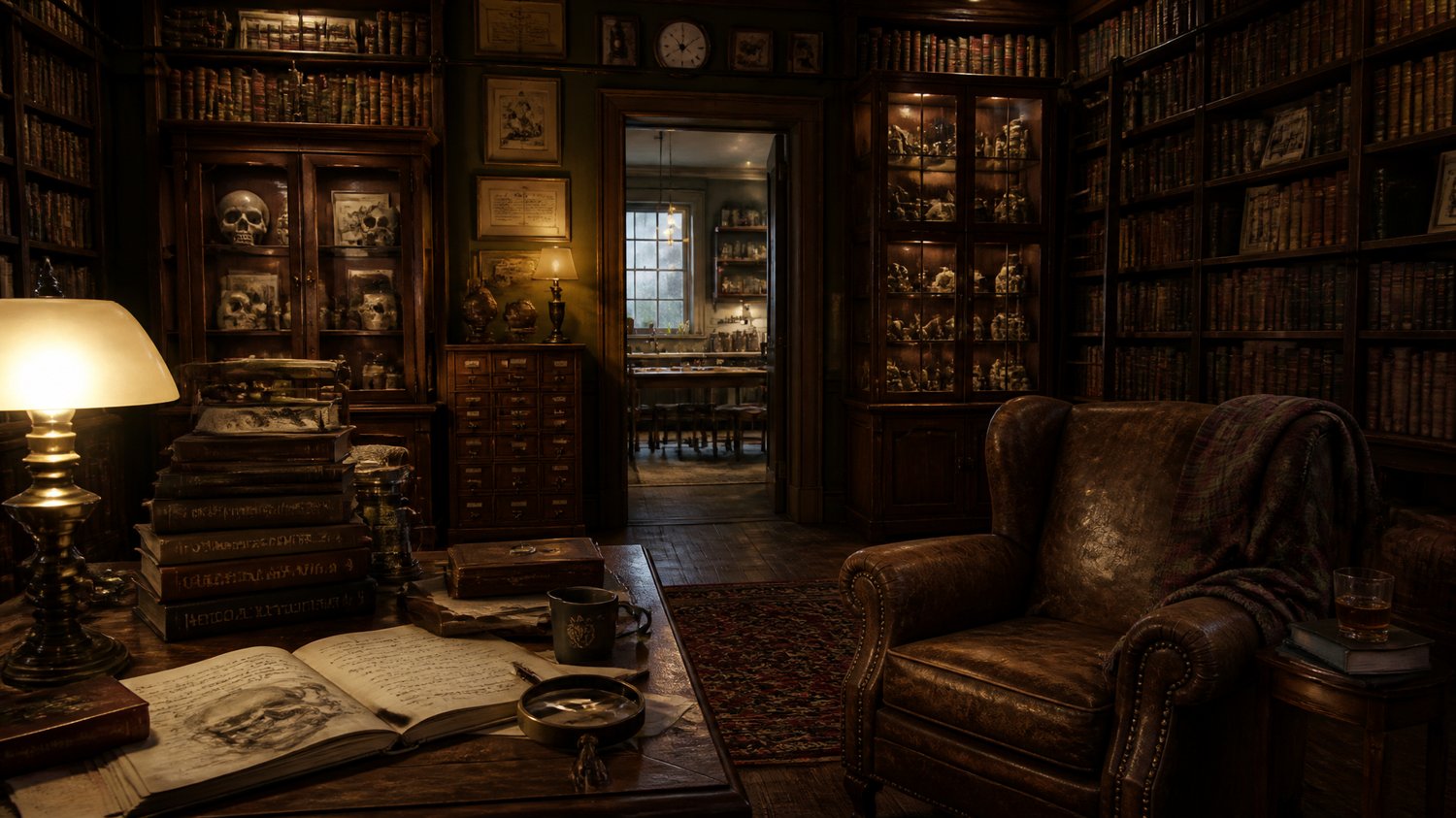 Pundit’s House — A scholar’s haven — book-walled study, forensic curios in glass cases, warm lamplight, old wood, and a kitchen where father and daughter share their most dangerous truths.