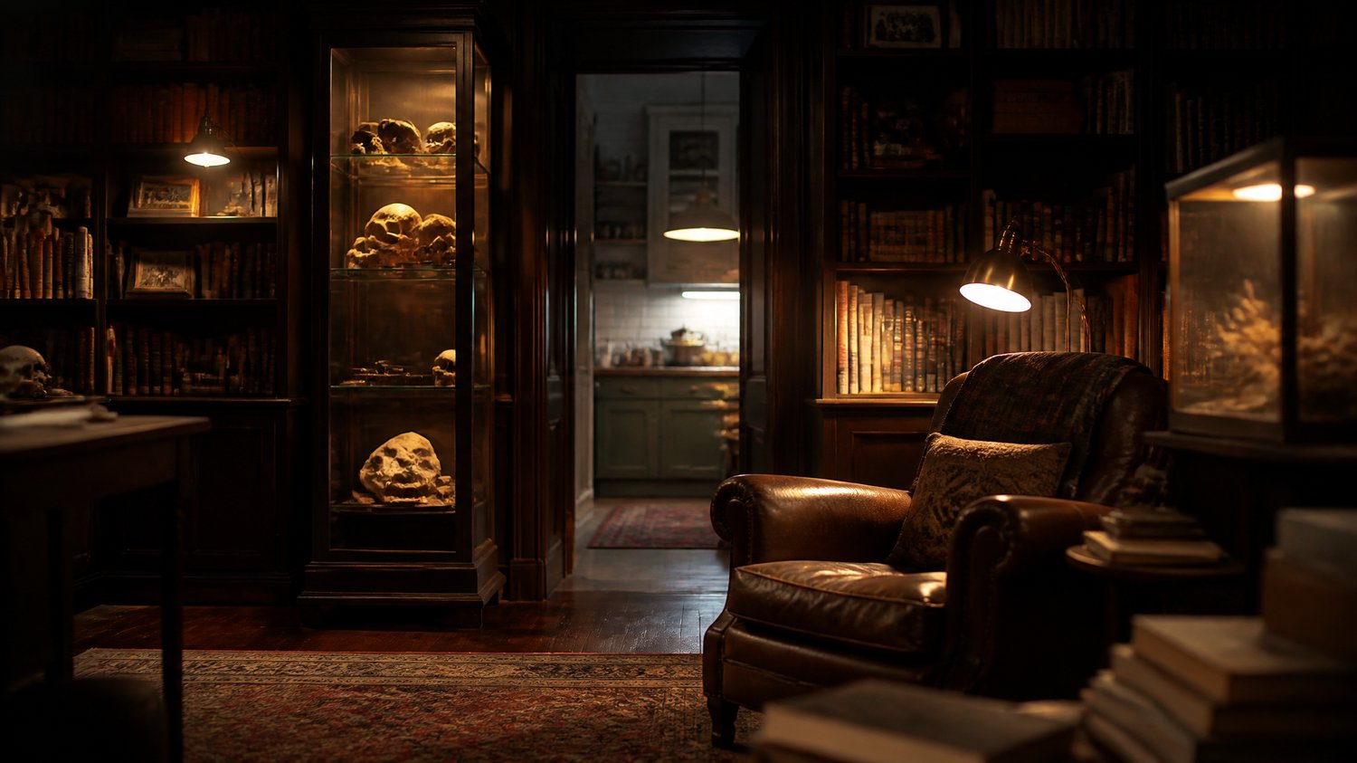 Pundit’s House — A scholar’s haven — book-walled study, forensic curios in glass cases, warm lamplight, old wood, and a kitchen where father and daughter share their most dangerous truths.