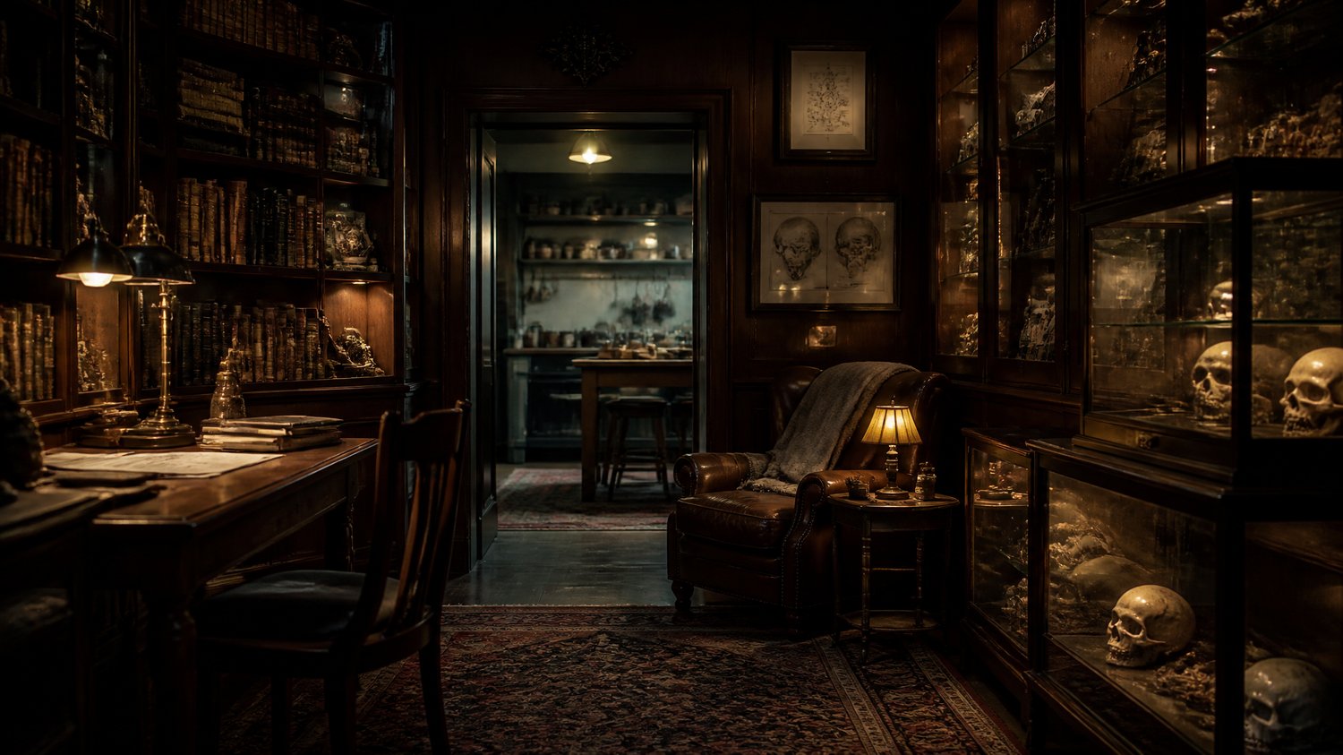 Pundit’s House — A scholar’s haven — book-walled study, forensic curios in glass cases, warm lamplight, old wood, and a kitchen where father and daughter share their most dangerous truths.