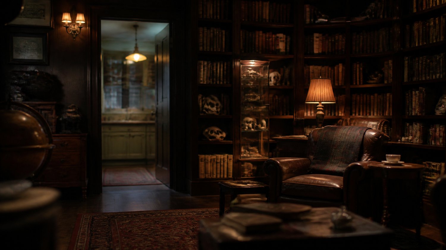 Pundit’s House — A scholar’s haven — book-walled study, forensic curios in glass cases, warm lamplight, old wood, and a kitchen where father and daughter share their most dangerous truths.