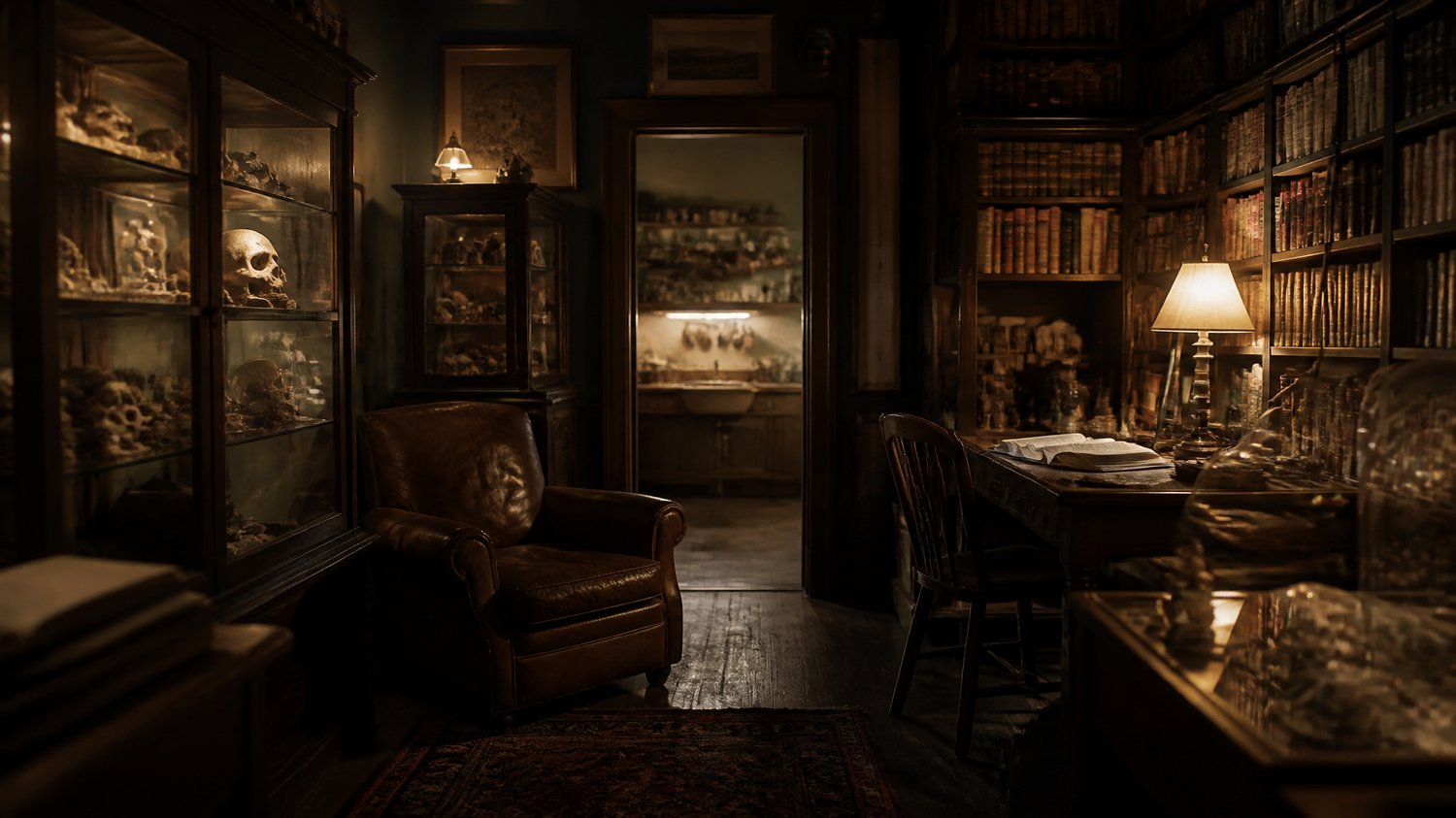 Pundit’s House — A scholar’s haven — book-walled study, forensic curios in glass cases, warm lamplight, old wood, and a kitchen where father and daughter share their most dangerous truths.